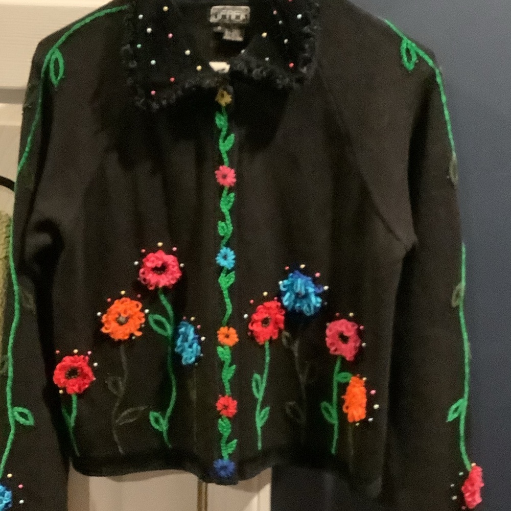Berek‎ Black Cardigan with Multicolor Floral Embroidery
